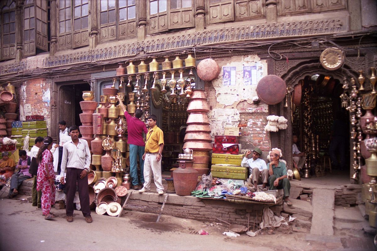 Kathmandu 05 01-2 Asan Tole Copperware Another store in Asan Tole in Kathmandu sells lots of copperware products.